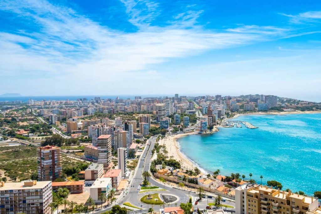 paisaje de una playa con palmeras y al final rascacielos de una ciudad